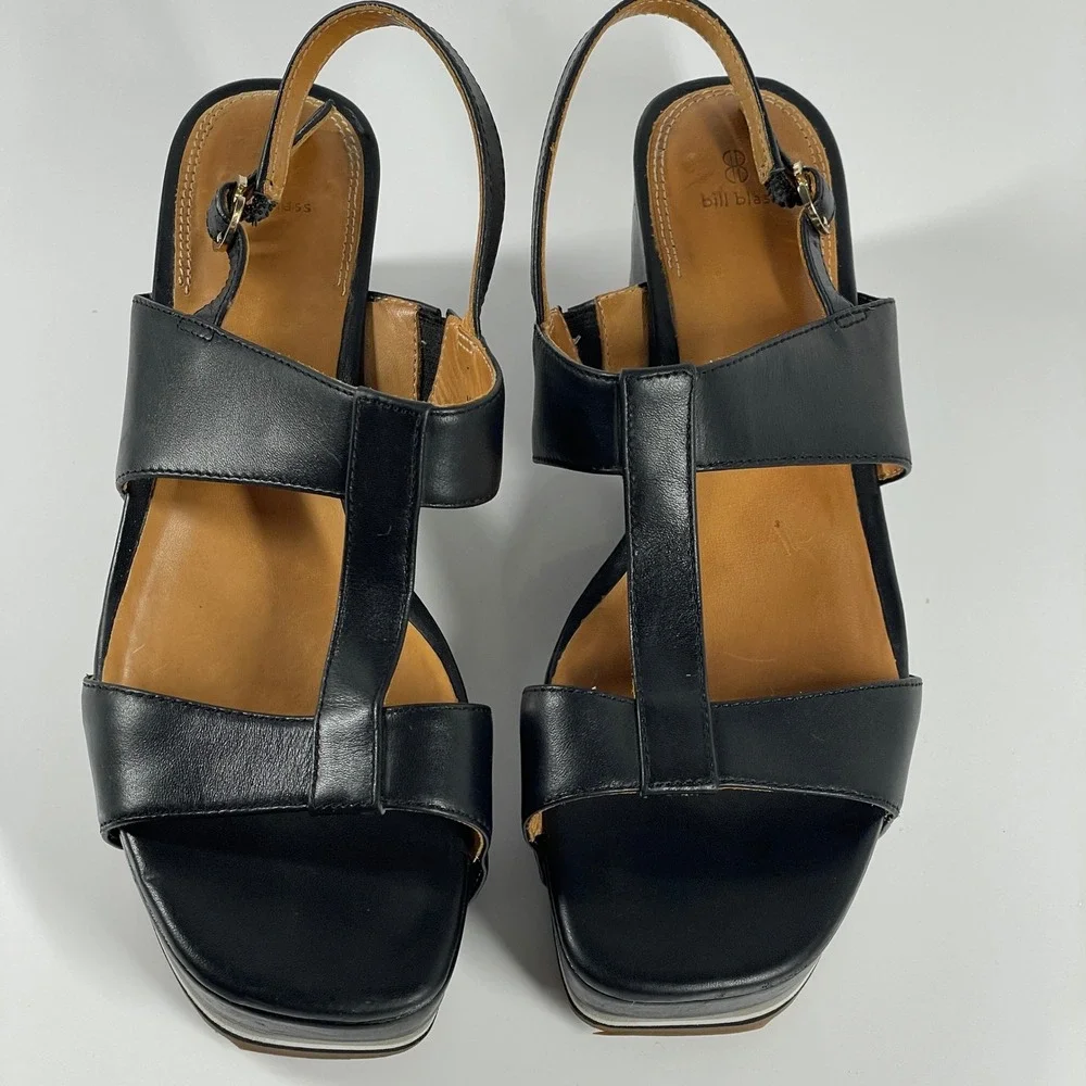 sz 7.5 Bill Blass Ursula Black Leather Platform Wedge Sandals Ankle Strap